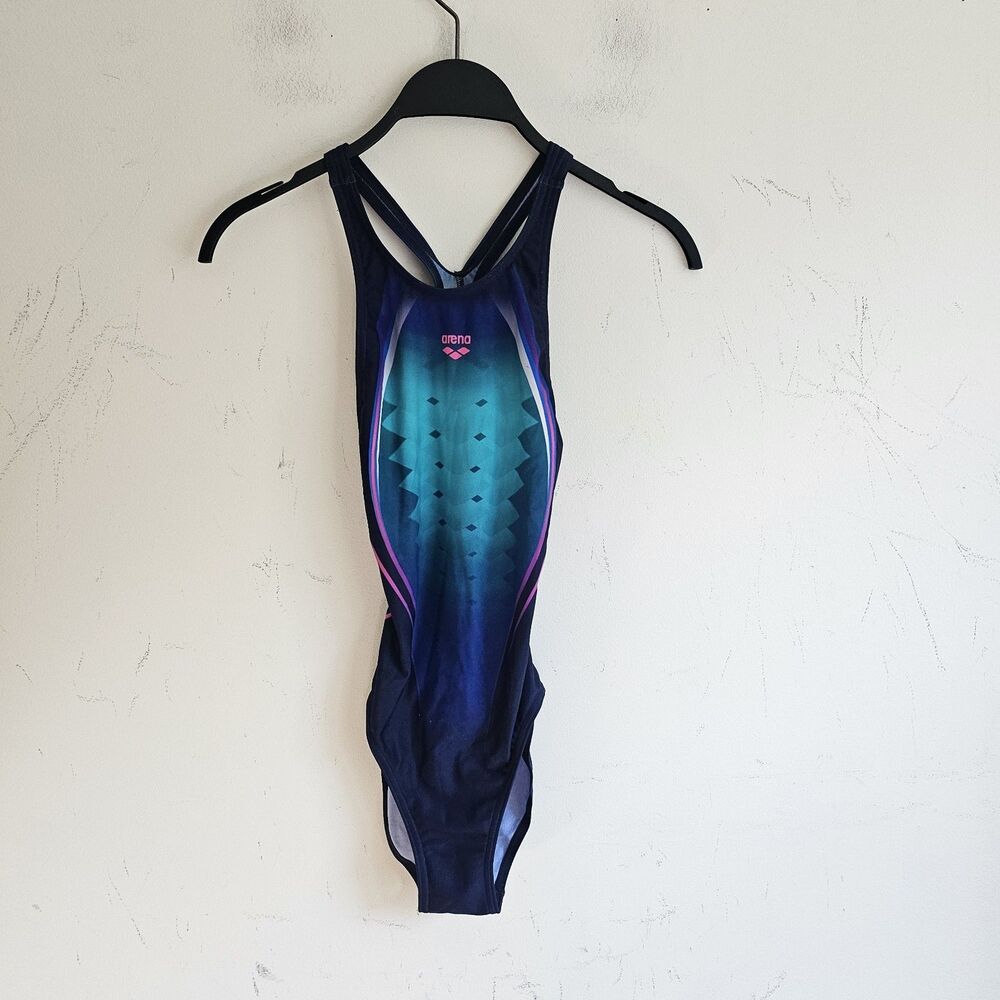 Arena One Piece Swimsuit Graphic Geometric Teal Blue Sporty Athletic Swimwear 26